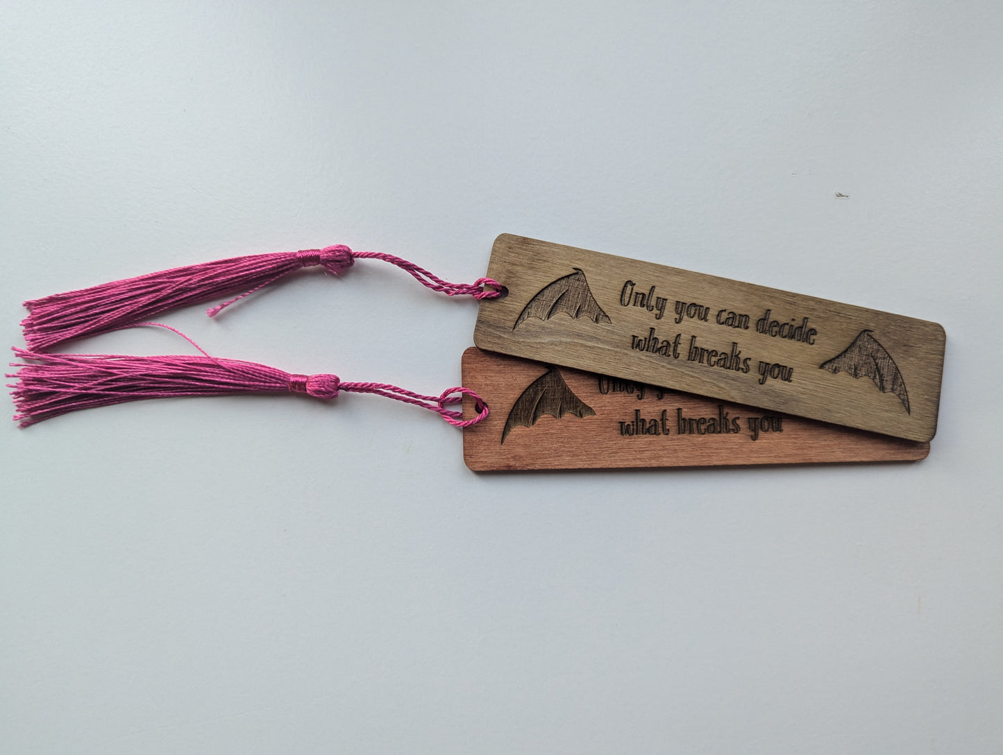 alt="Engraved wooden ACOTAR bookmark with quote 'Only you can decide'"