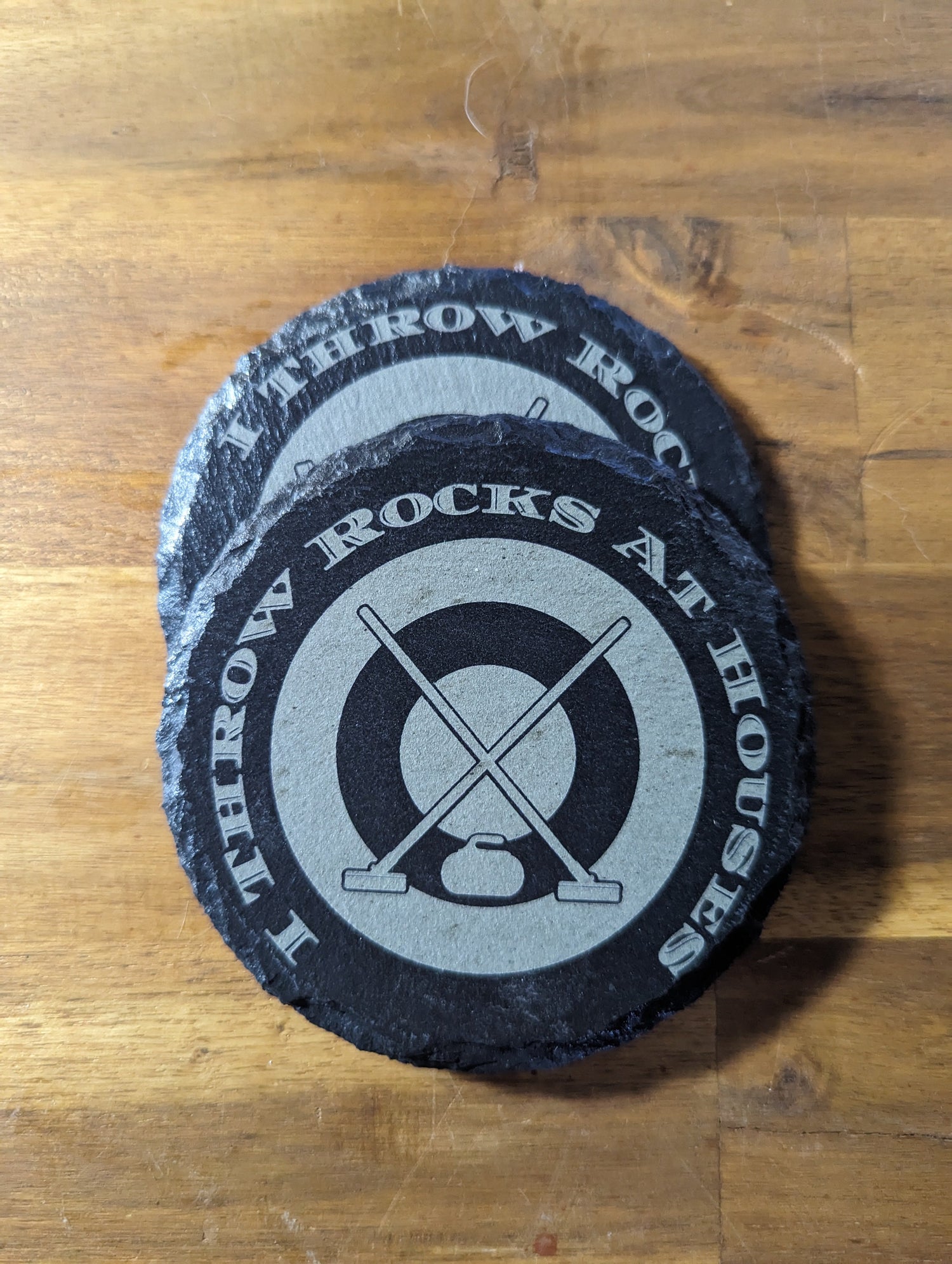 Engraved curling coasters used at home bar – perfect gift for curlers