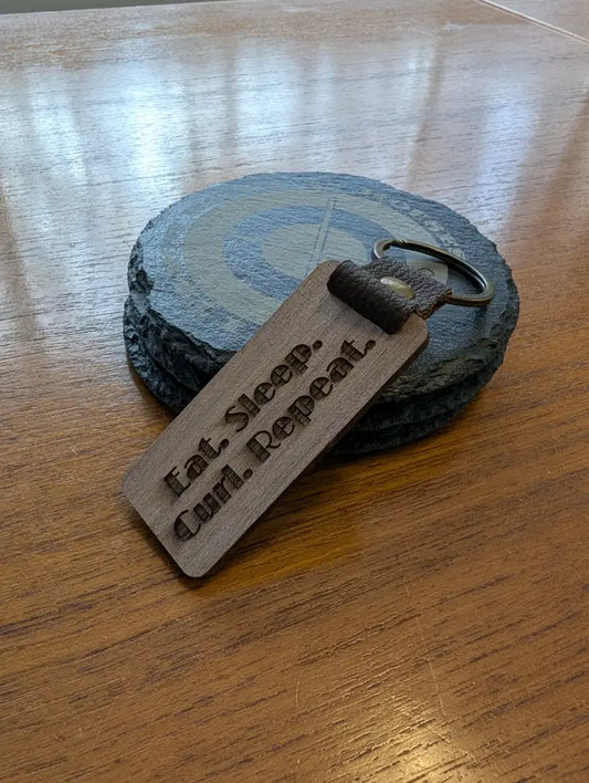 “Eat Sleep Curl Repeat” Curling Keychain – Laser-Engraved Walnut Wood Keyring