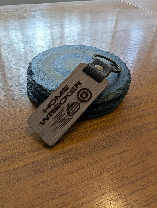 “Home Wrecker” Curling Keychain – Laser-Engraved Walnut Wood Keyring
