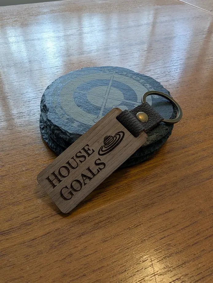 “House Goals” Curling Keychain – Laser-Engraved Walnut Wood Keyring