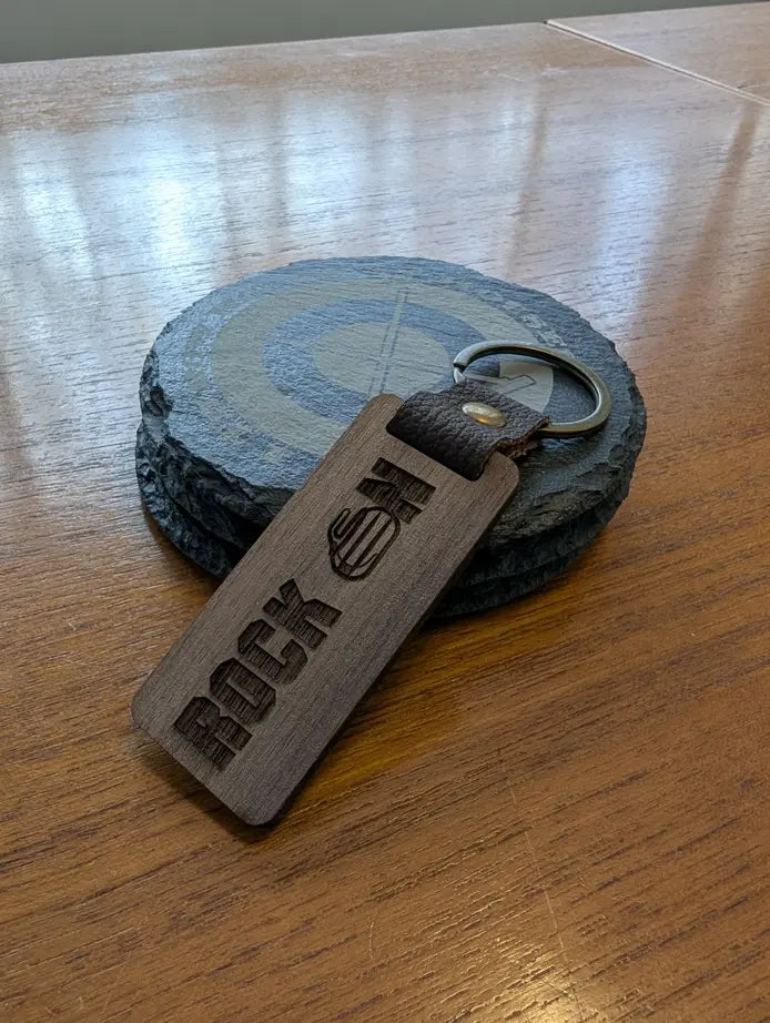 “Rock On” Curling Keychain – Laser-Engraved Walnut Wood Keyring
