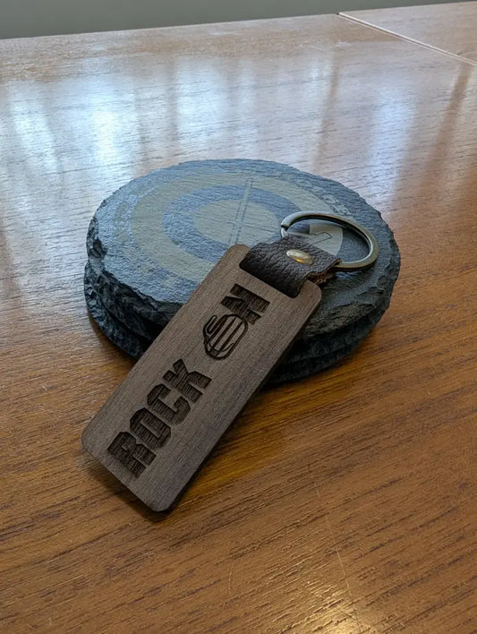 “Rock On” Curling Keychain – Laser-Engraved Walnut Wood Keyring