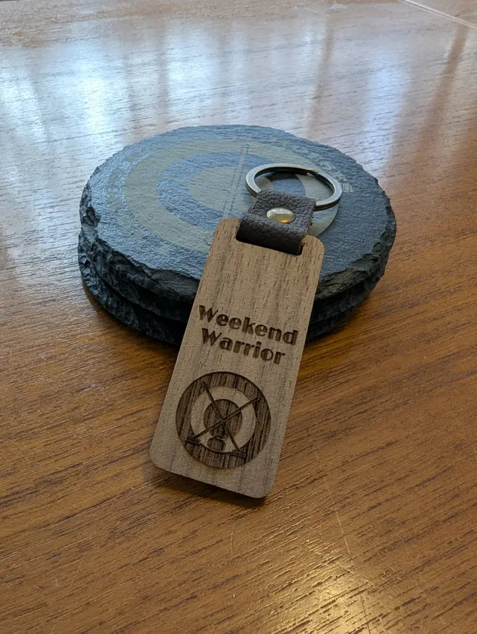 “Weekend Warrior” Curling Keychain – Laser-Engraved Walnut Wood Keyring
