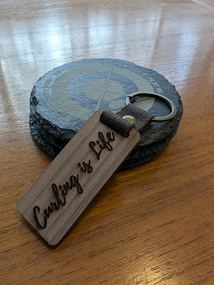 “Curling is Life” Curling Keychain – Laser-Engraved Walnut Wood Keyring