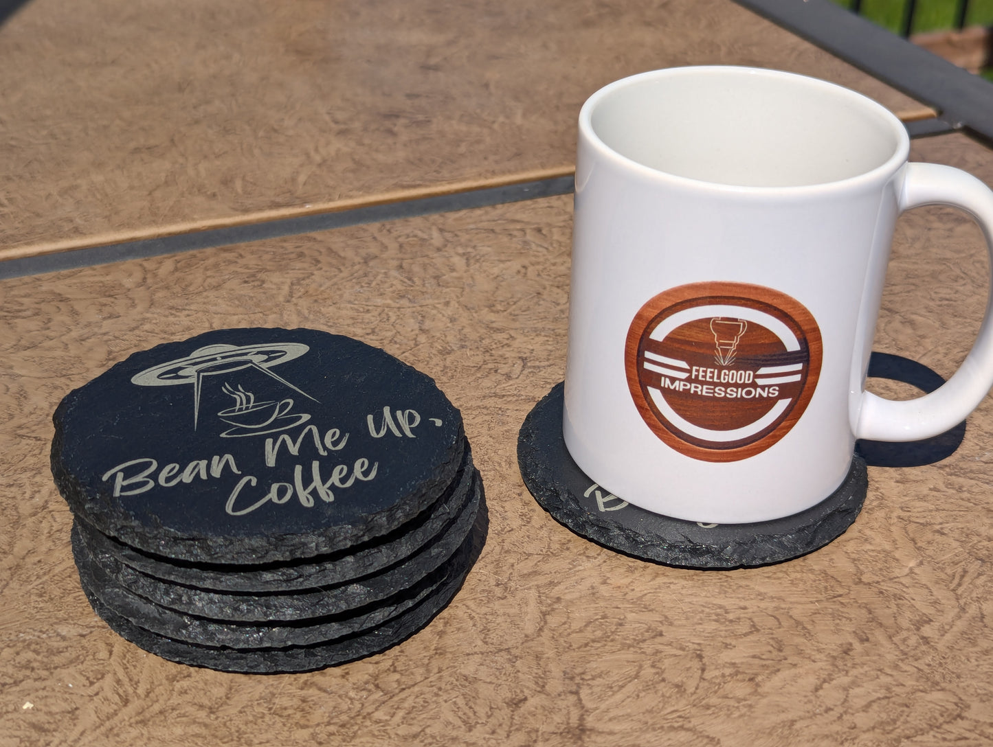 Slate Coasters Engraved | Bean Me Up Coffee | Set of 4