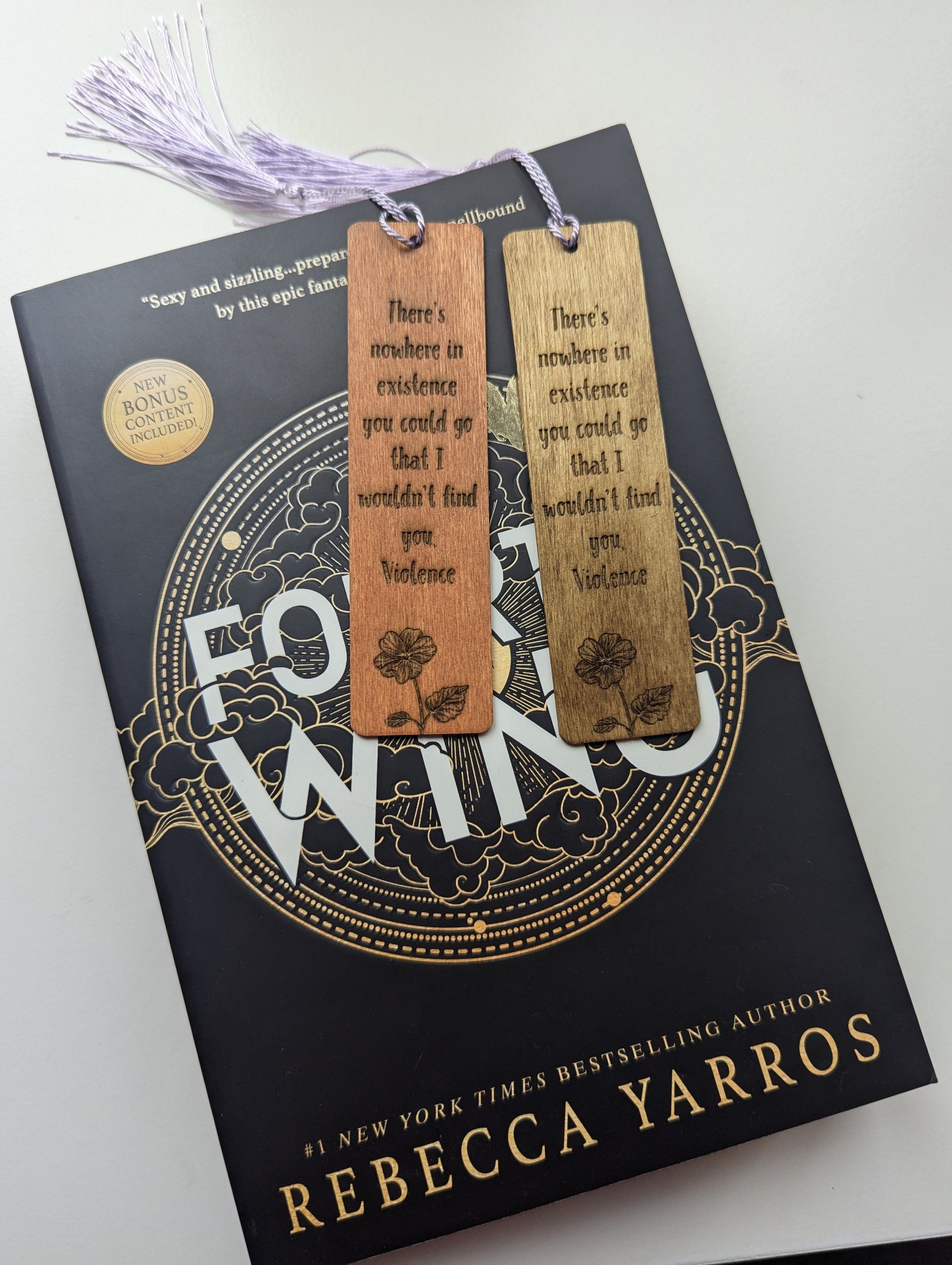 alt="Engraved wooden Fourth Wing bookmark with quote 'nowhere I can find you'"