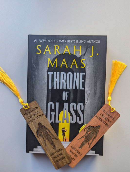 alt="Engraved wooden Throne of Glass bookmark with quote 'I Will Not Be Afraid'"