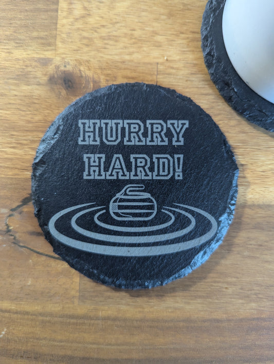“Hurry Hard” Curling Slate Coaster Set – 4-Pack