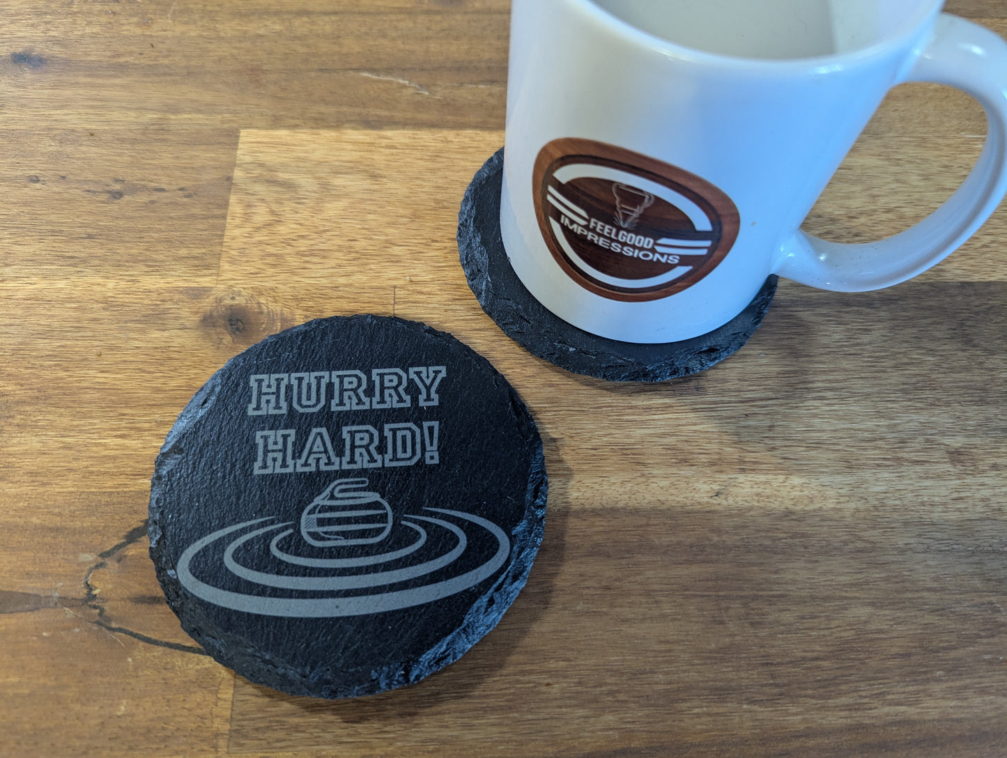 Hurry Hard | Slate Coaster Set | Funny Curler Gift for Men & Women