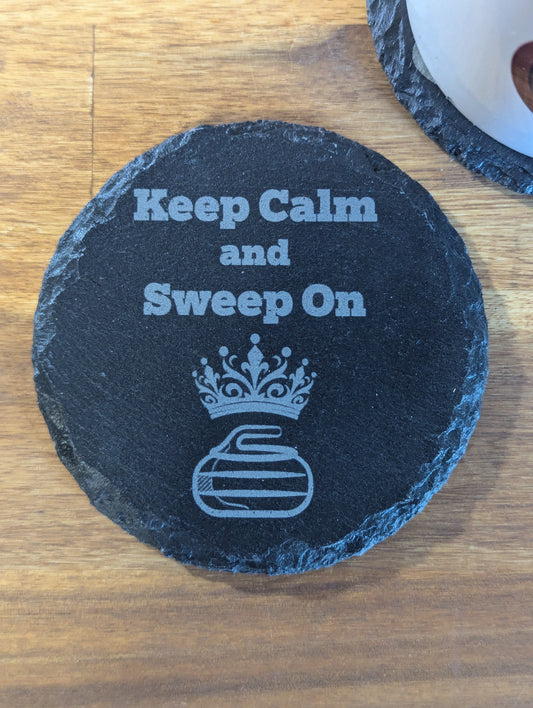 “Keep Calm” Curling Slate Coaster Set – 4-Pack